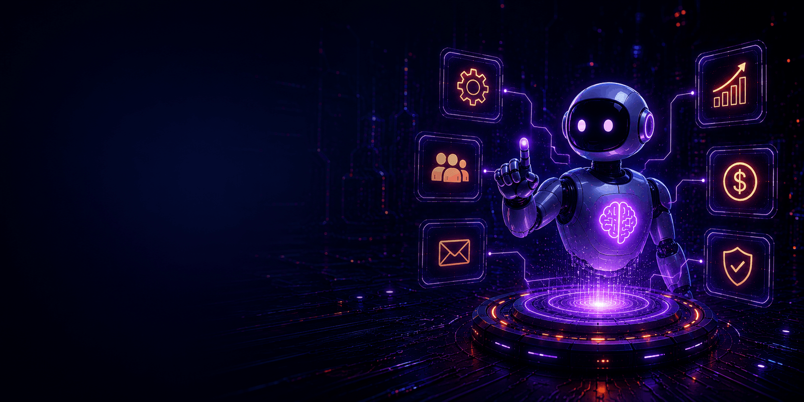 Futuristischer KI-Roboter mit schwebenden Automatisierungs- und Workflow-Karten als Symbol für intelligente KI-Agenten in Unternehmen.