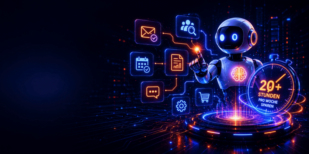 Moderner KI-Roboter mit schwebenden Workflow-Karten für E-Mail, Leads, Content und Automatisierung vor futuristischem Hintergrund.