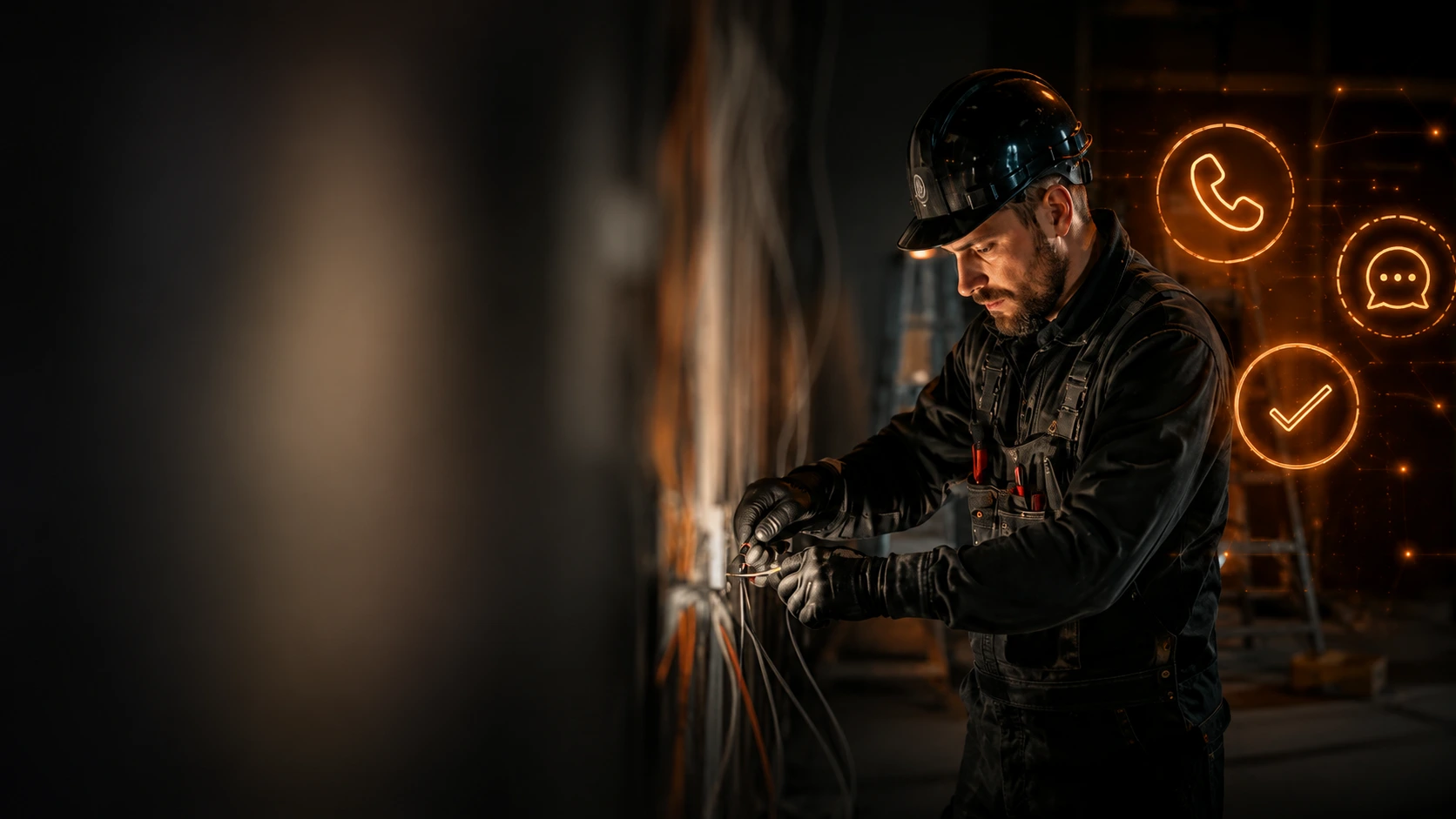 Handwerker bei der Arbeit, im Hintergrund symbolisiert ein KI-Telefonassistent die automatische Annahme von Kundenanrufen