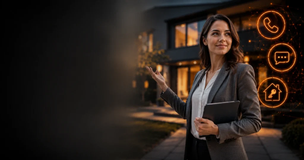 Immobilienmakler vor einer Immobilie, im Hintergrund symbolisiert ein KI-Telefonassistent die automatische Anfragen-Qualifizierung