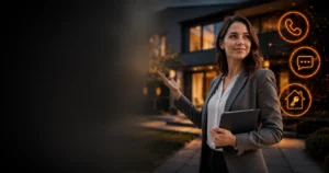 Immobilienmakler vor einer Immobilie, im Hintergrund symbolisiert ein KI-Telefonassistent die automatische Anfragen-Qualifizierung