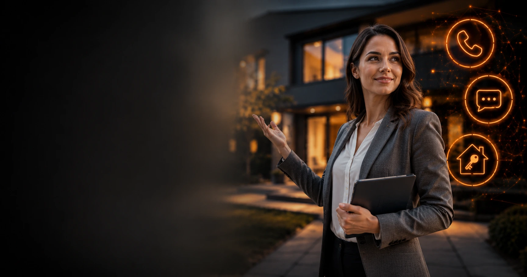 Immobilienmakler vor einer Immobilie, im Hintergrund symbolisiert ein KI-Telefonassistent die automatische Anfragen-Qualifizierung