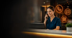 Medizinisches Fachpersonal am Praxisempfang, im Hintergrund symbolisiert ein KI-Telefonassistent die automatische Terminvereinbarung